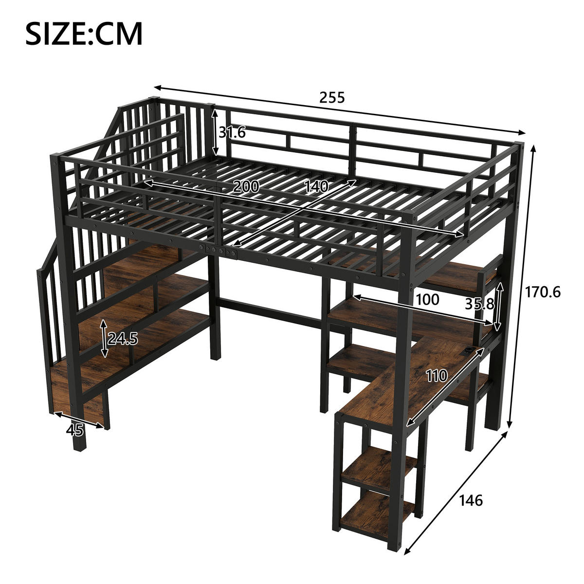 HOCHBETT 140x200 cm, integriertem Schreibtisch, Schwarz - Schwarz, Holz (140/200cm) - KOMHTOM