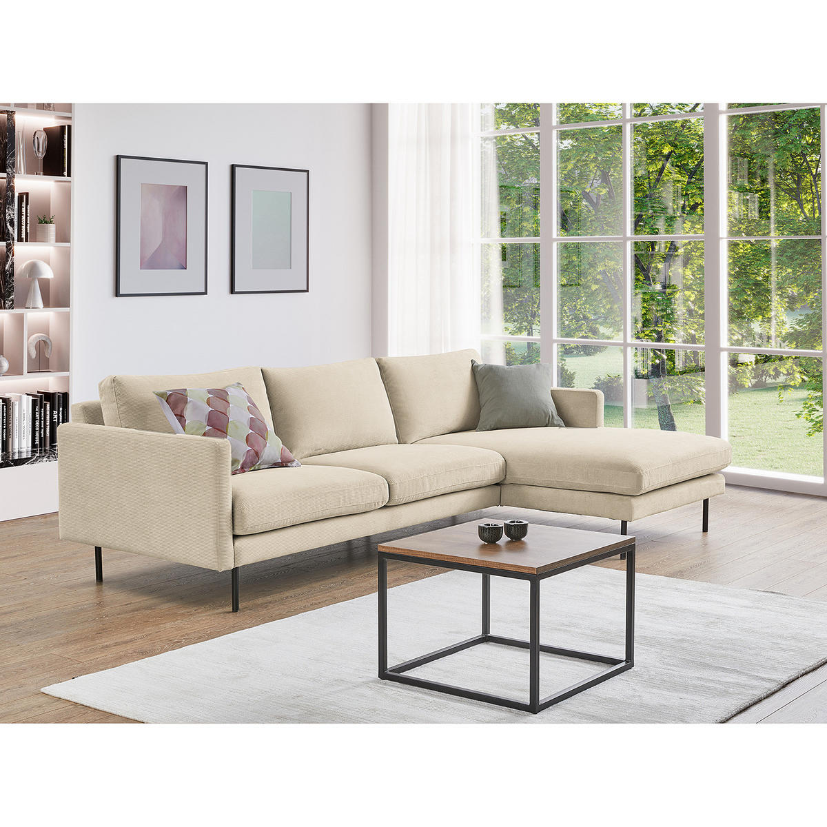 ECKSOFA mit Longchair - Beige/Schwarz, Textil/Metall (262/156cm) - home24