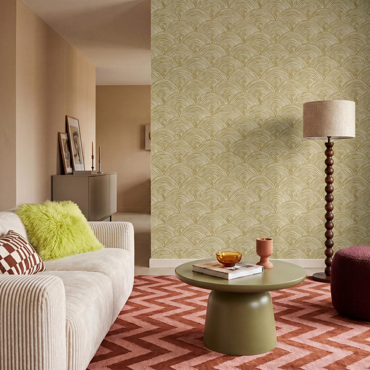 TAPETE - Fächer - Geometrisch - Grün - 180x200 cm - Goldfarben, Papier (180/200cm) - OnlyWow