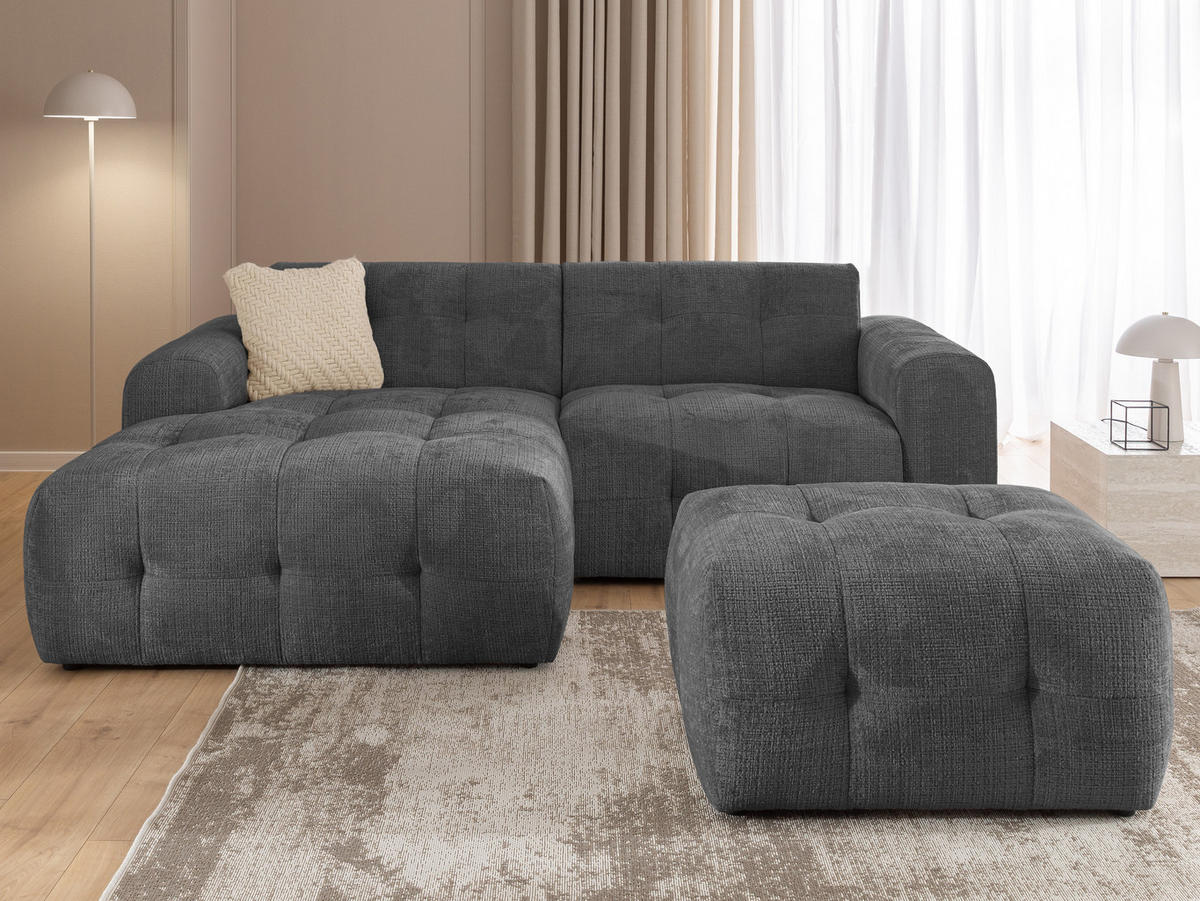 ECKSOFA inkl. Hocker Kozy im Bumpy-Design mit Schlaffunktion und fester Rückenlehne aus weichem Grau Chenille-Stoff - Ottomane links - Schwarz/Grau, Holz/Kunststoff (161/234cm) - S-Style Möbel