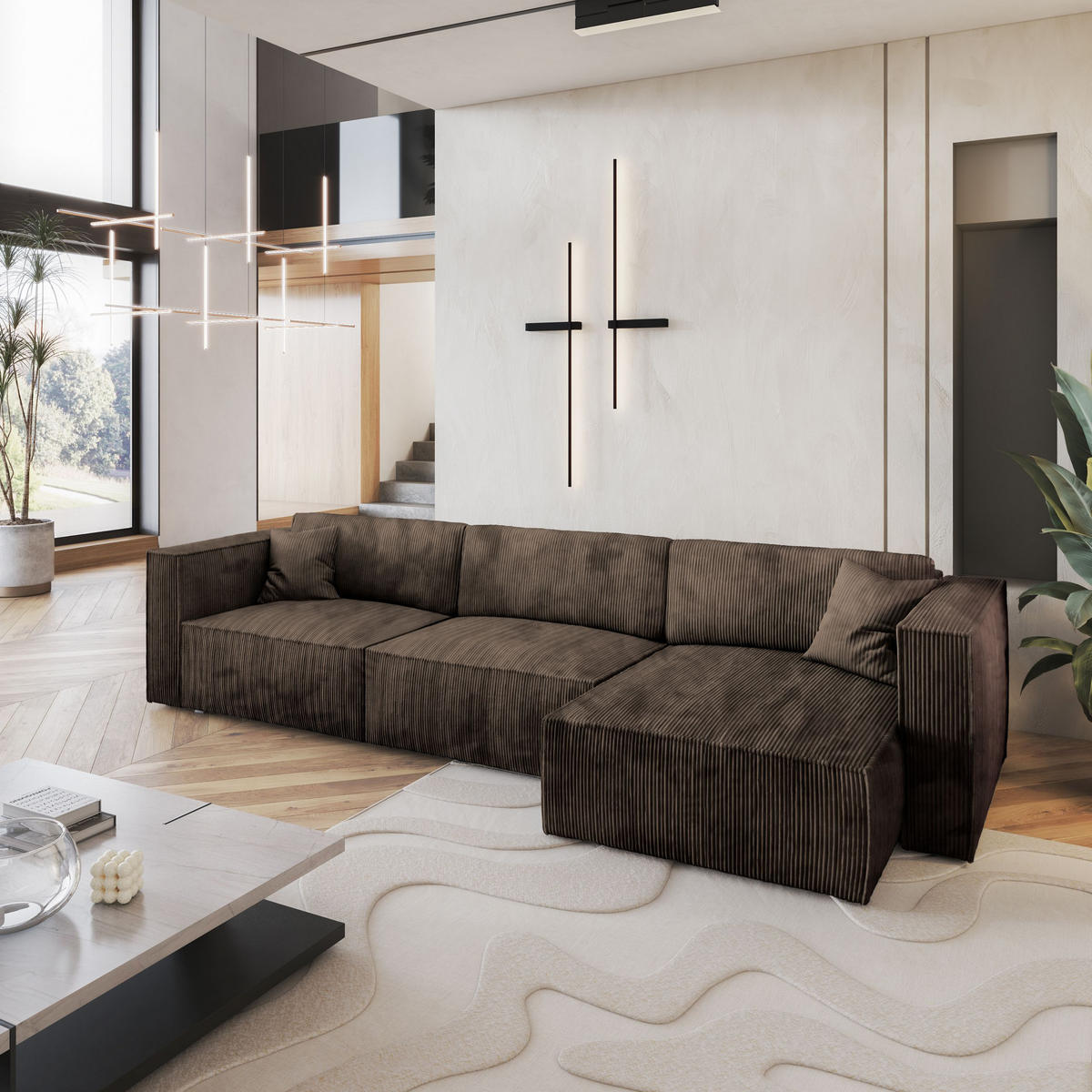 ECKSOFA TOLMO P Braun Kordstoff mit Schlaffunktion - Braun, Holz (347/148cm) - MASSENO