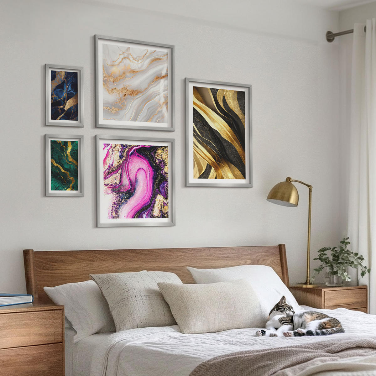 WANDBILDER 5er Set - 50x50 cm & 20x30 cm & 40x60 cm Silberner Rahmen - Abstrakter Marmor mit Farben - Silberfarben, Kunststoff (40/60cm) - ArtPrintCave