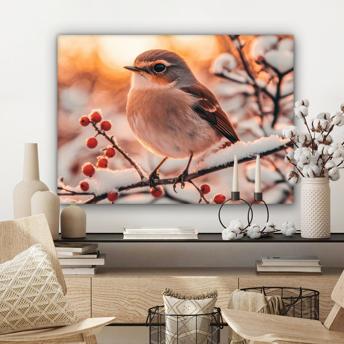 LEINWANDBILD Vogel - Zweig - Winter - Tiere - Schnee Wandbilder 80x60 cm - Bernsteinfarben, Textil (80/60cm) - MuchoWow