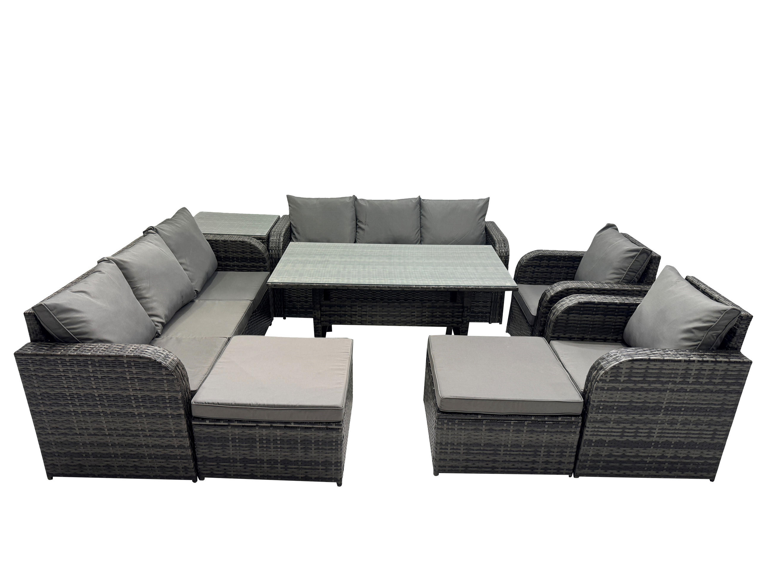 GARTENTISCHGRUPPE mit Beistelltisch,2 große Fußhocker Polyrattan Dunkelgrau 10-Sitzer - Dunkelgrau/Grau, Glas/Kunststoff - Fimous