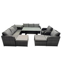 GARTENTISCHGRUPPE mit Beistelltisch,2 große Fußhocker Polyrattan Dunkelgrau 10-Sitzer - Dunkelgrau/Grau, Glas/Kunststoff - Fimous