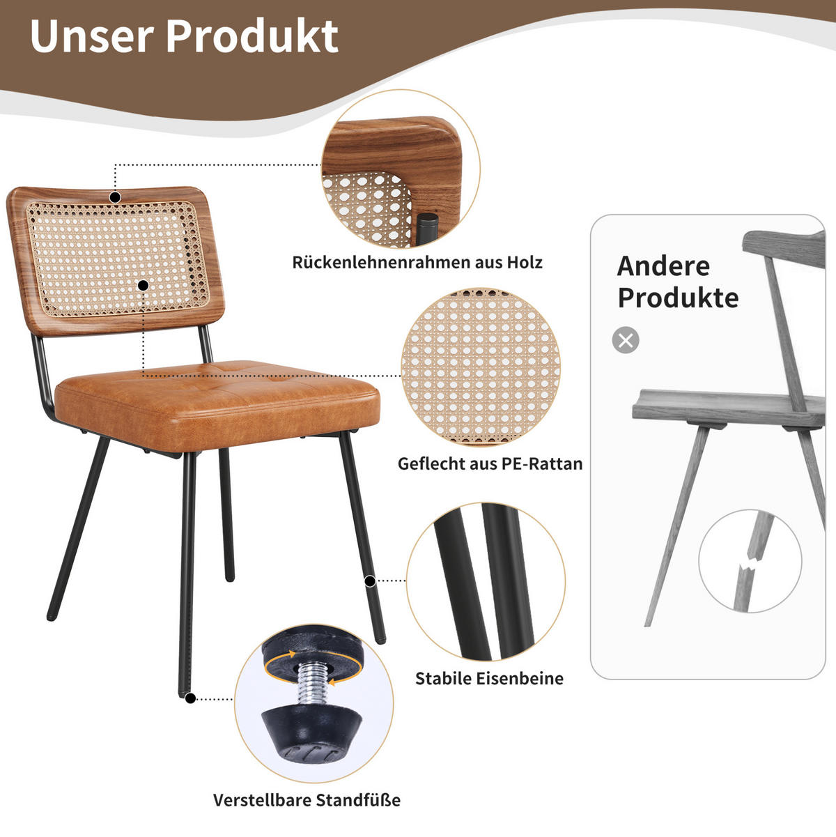 ESSZIMMERSTUHL mit PE-Rattan 61 x 46 x 79 cm PU-Leder Braun - Braun, Metall (44/79/46.1cm) - Meubliv