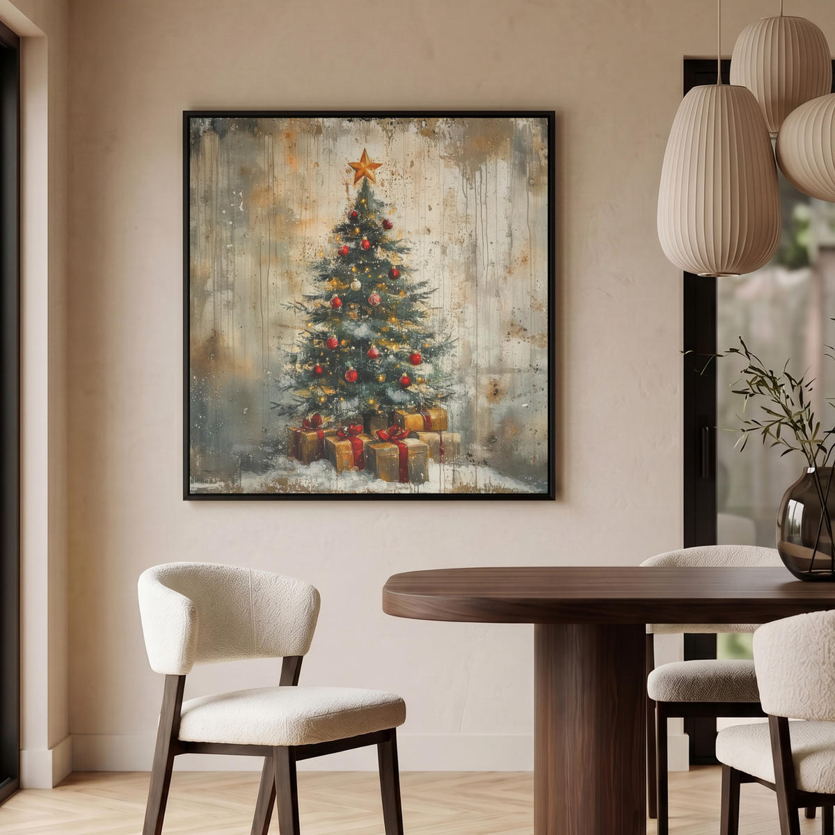 LEINWAND Bilder mit Rahmen - Weihnachtsbaum - Vintage - Weihnachten - Geschenk - 90x90 - Rostfarben, Textil (90/90cm) - MuchoWow