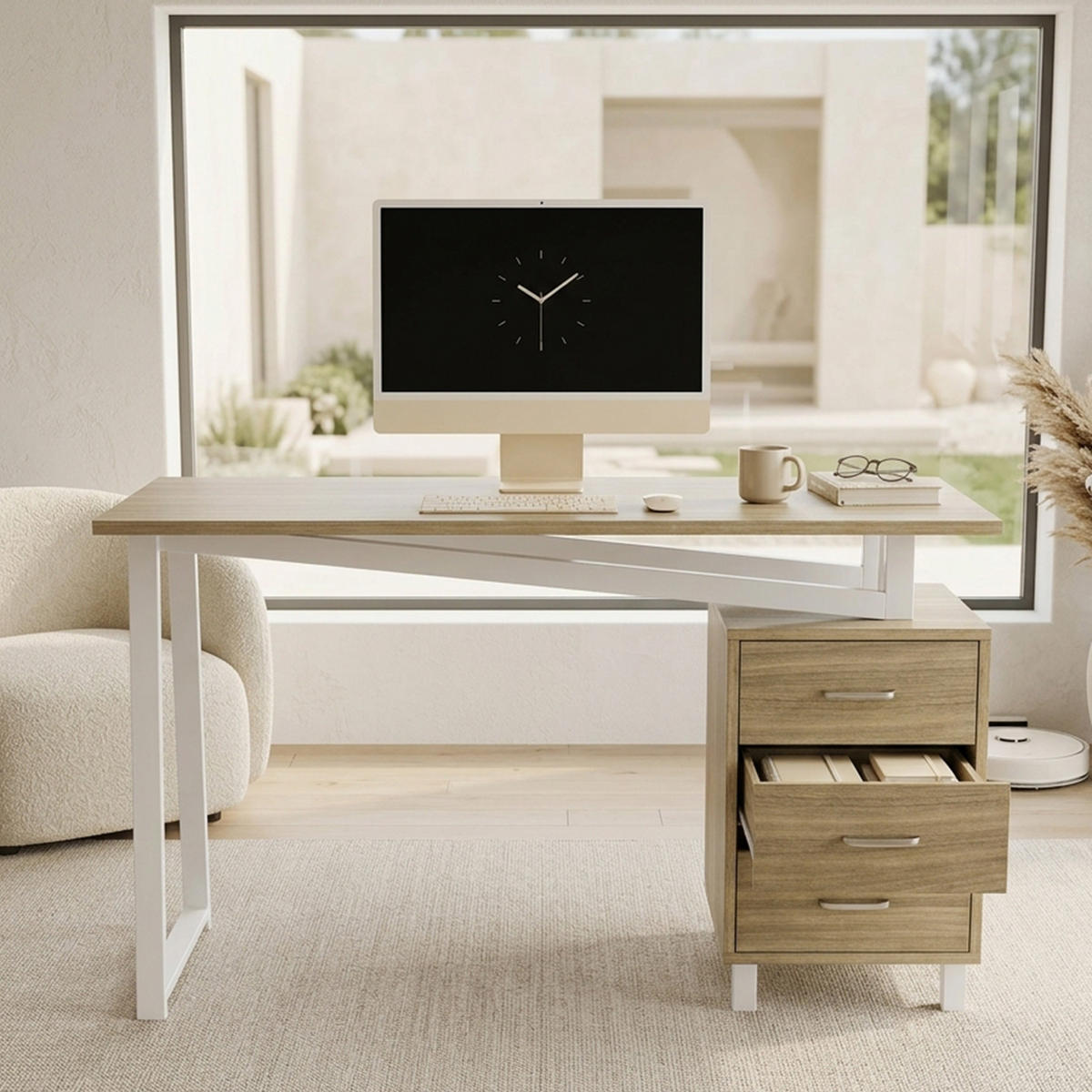 SCHREIBTISCH Naturholzfarben und Weiß 130/55/75 cm mit 3 Schubladen - Naturfarben, Holzwerkstoff (55/130/75cm) - PANGIVO