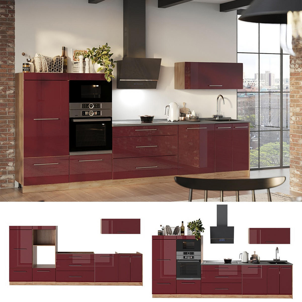 KUHINJA Fame-Line, Bordo rdeča barva visokega sijaja/Zlati hrast z močjo, 340 cm, DP Antracit - barve hrasta/bordo, leseni material (340/153.6/60cm) - Vicco
