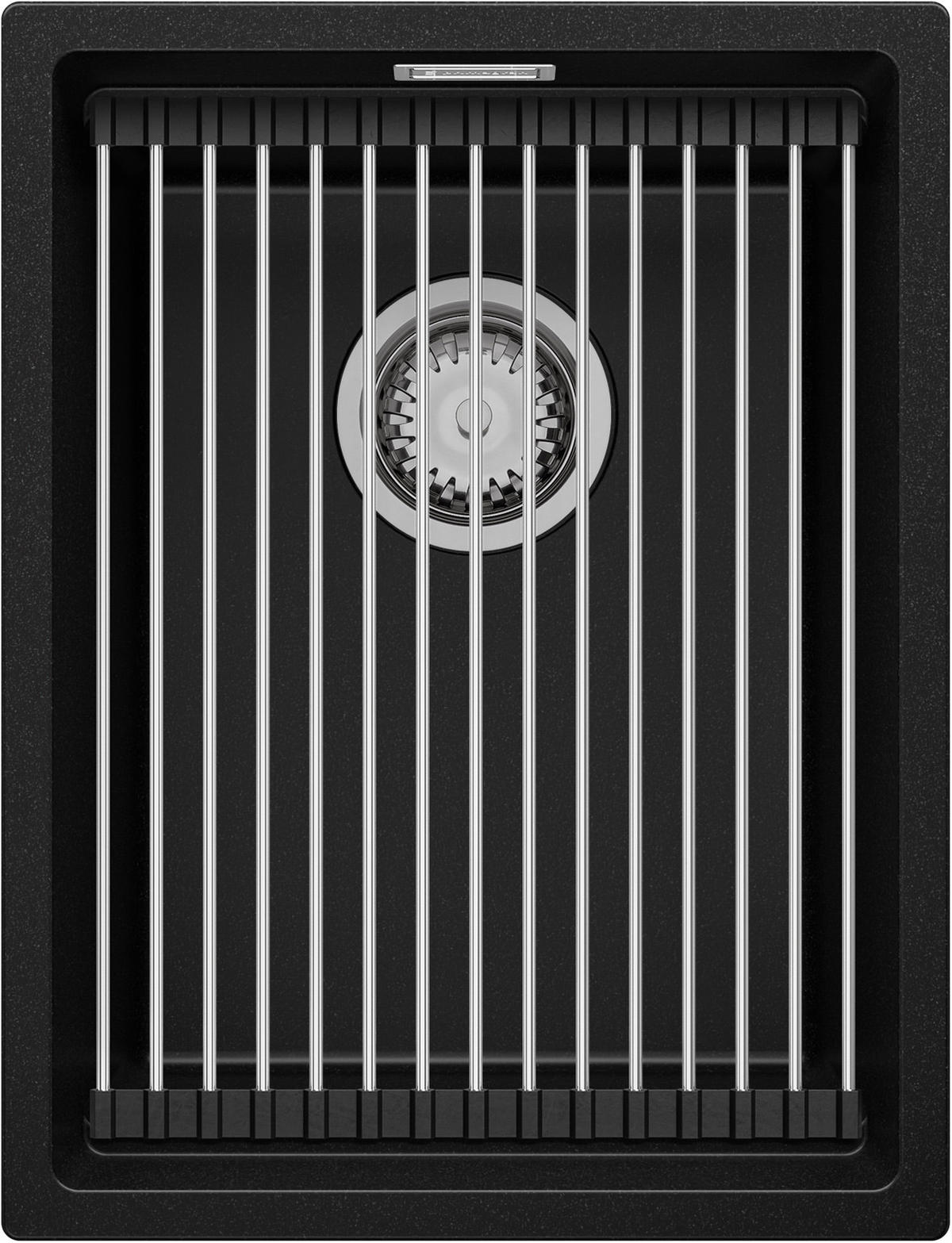 SPÜLBECKEN Praga Slim, 2-er set Schwarz 36/47 cm 1 Becken + Ablauf-Set + Aufrollbare Abtropffläche ab 40er Unterschrank - Chromfarben/Schwarz, Kunststoff (36/20/47cm) - Primagran