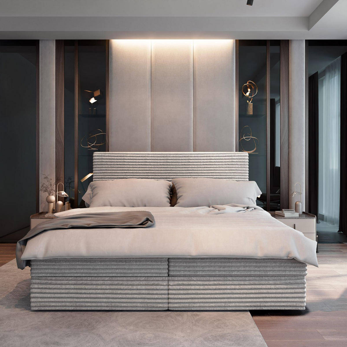 BOXBETT PISA 160x200 cm mit Matratze und Topper - Hellgrau - Greige, Holz (160/200cm) - MASSENO