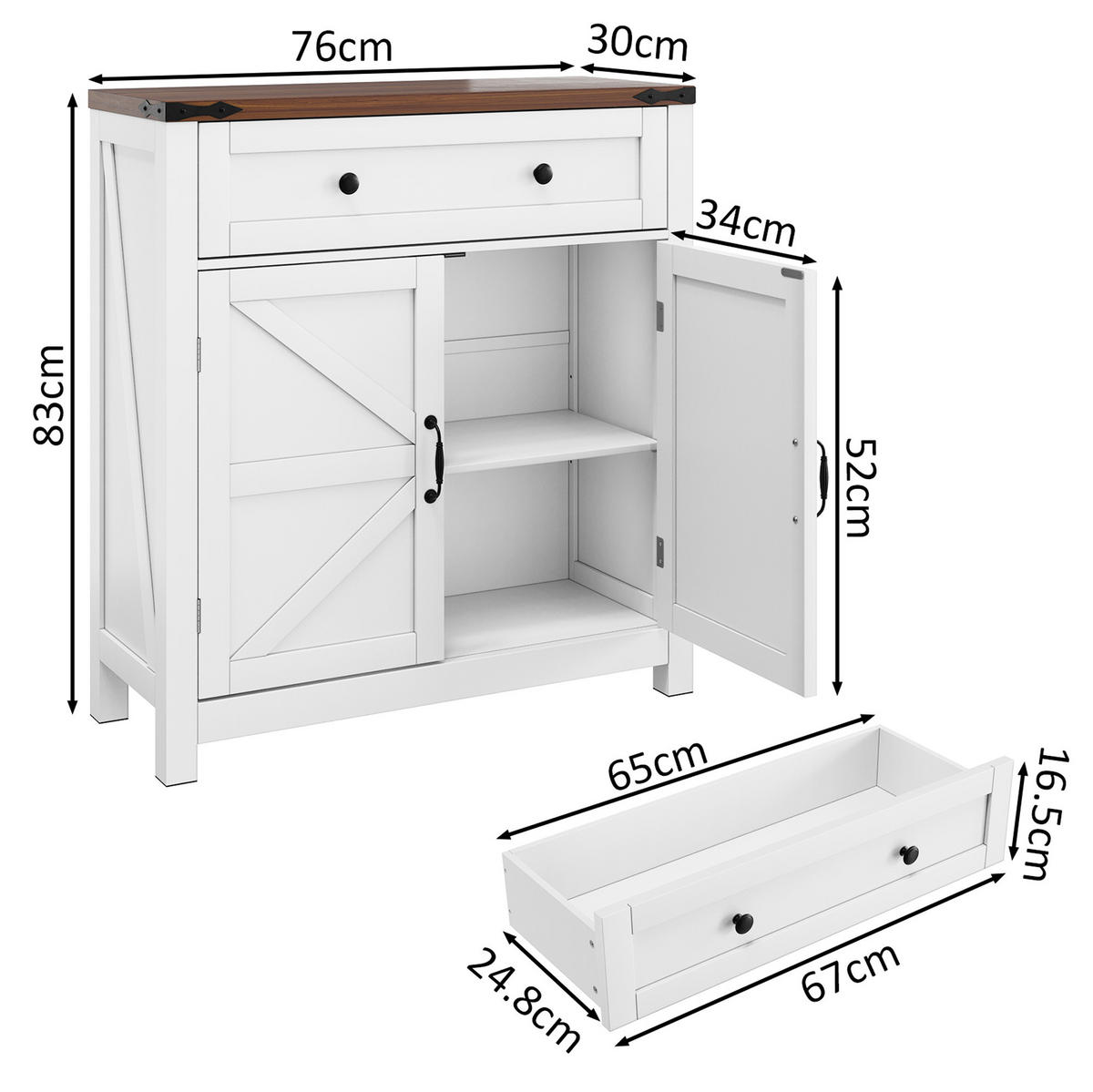 SIDEBOARD 76/30/83 cm mit 2 Türen & Schublade in Weiß mit Walnuss-Optik - Weiß, Holzwerkstoff (76/83/30cm) - BEAOK