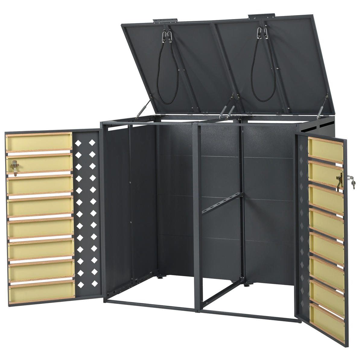 MÜLLTONNENBOX aus Stahl in Grau Holzoptik mit hydraulischem Klappdeckel - Grau, Metall (132/118.5/80cm) - Modfu