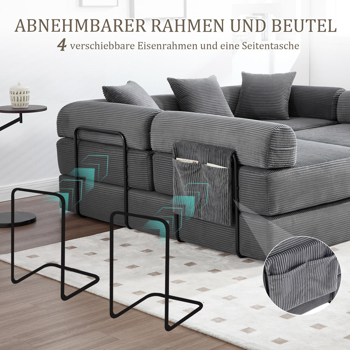 SCHLAFSOFA 270/180/64 cm Dunkelgrau mit Integrierte Seitentaschen - Dunkelgrau, Textil (270/64/180cm) - Oxeza