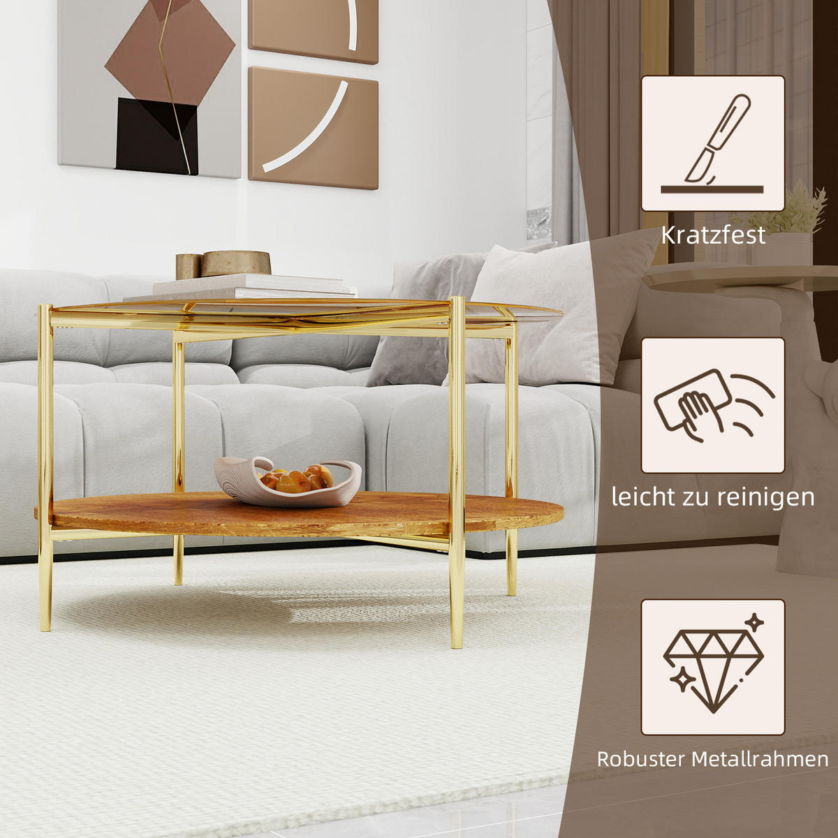 COUCHTISCH Gold/Natur, 82/82/45 cm - Goldfarben, Glas (82/82/45cm) - PANGIVO