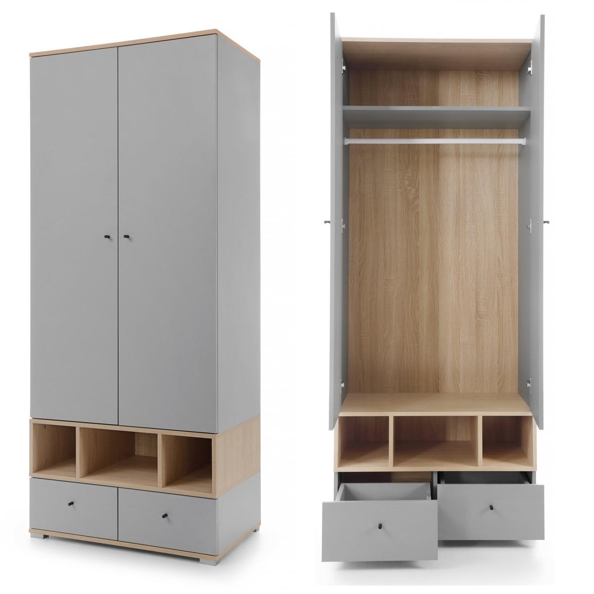 JUGENDZIMMER Oriel Set B mit Bett 120 x 200 - 6-teilig - Platingrau / Biskuit-Eiche - Eichefarben/Schwarz, Holzwerkstoff/Metall (124/80/224cm) - QMM TraumMöbel