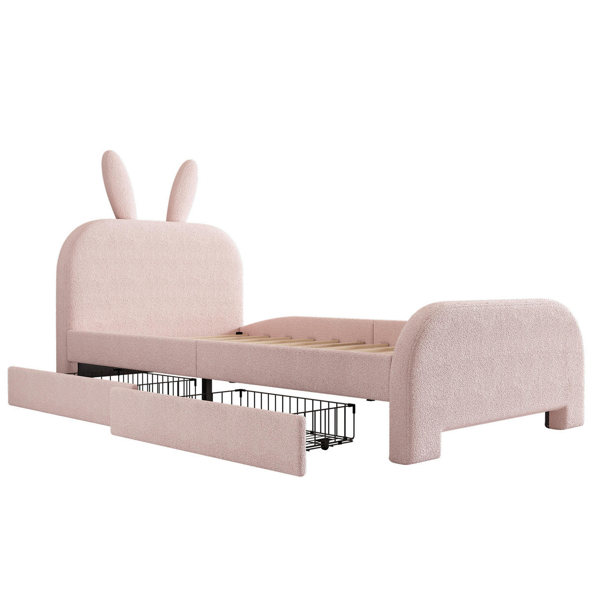 BETT 90/200 cm rosa Kaninchenform mit zwei Schubladen - Rosa, Textil (90/200cm) - OKWISH