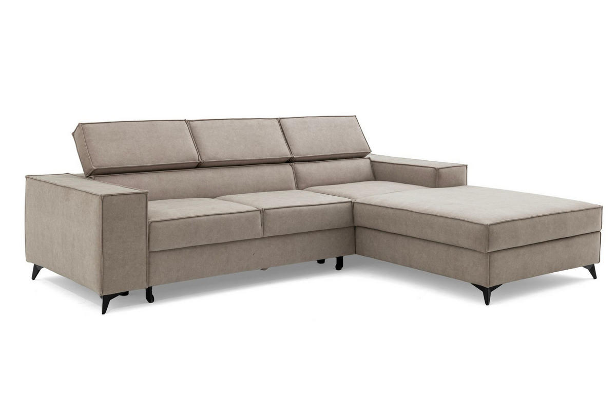 ECKSOFA PURE S Rechts mit Schlaffunktion 127x215 Velours Creme - Creme/Schwarz, Holz/Textil (204/281cm) - Muffo