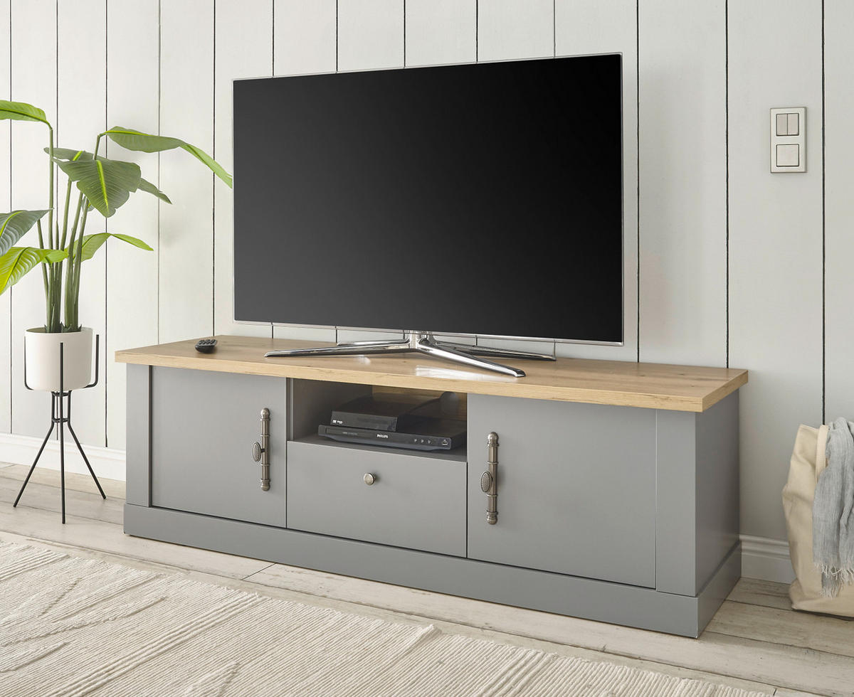 TV-LOWBOARD grau, Artisan Eiche Landhaus 155 cm, TV Unterteil mit viel Stauraum - Silberfarben/Hellgrau, Holzwerkstoff/Metall (155/48/44cm) - Furn.Design