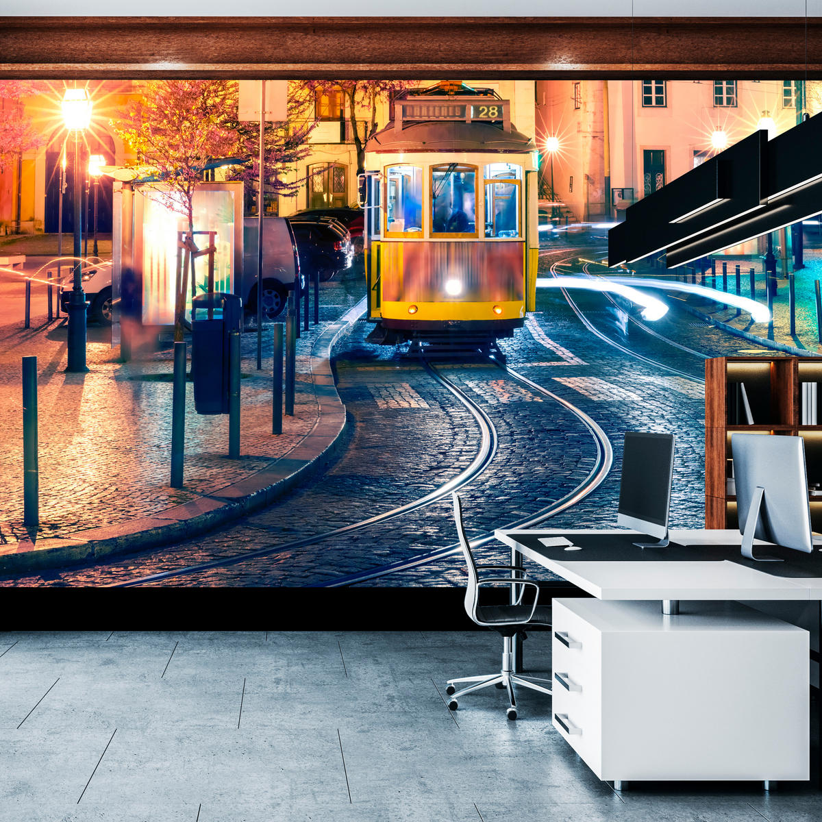 FOTOTAPETE für Wohnzimmer Lissabon Straßenbahn Nacht Altstadt 200x140 - Gelb/Beige, Papier (200/140cm) - Muralo