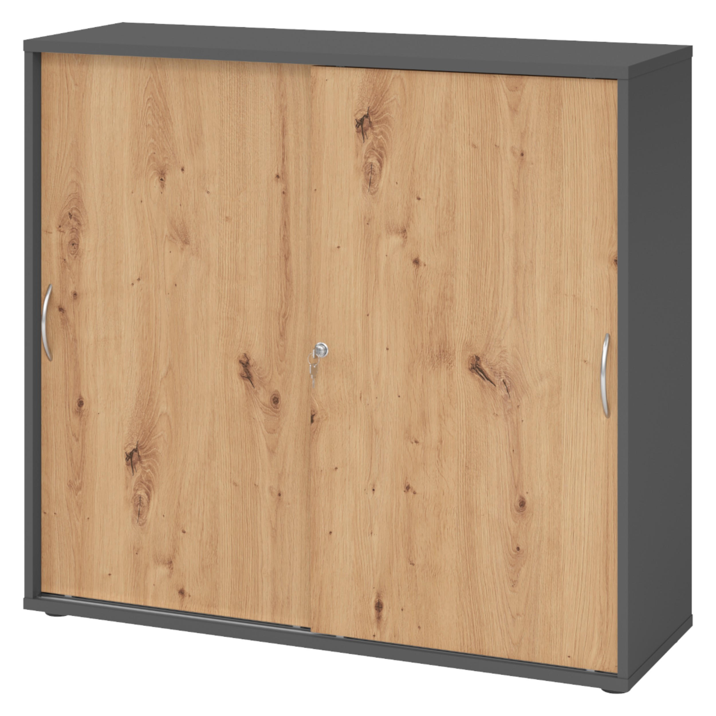 SCHIEBETÜRENSCHRANK - 3 Ordnerhöhen 40/120/110 cm in Graphitfarben/Wildeiche Bogengriff (Metall) - Wildeiche/Graphitfarben, Holzwerkstoff (120/110/40cm) - bümö