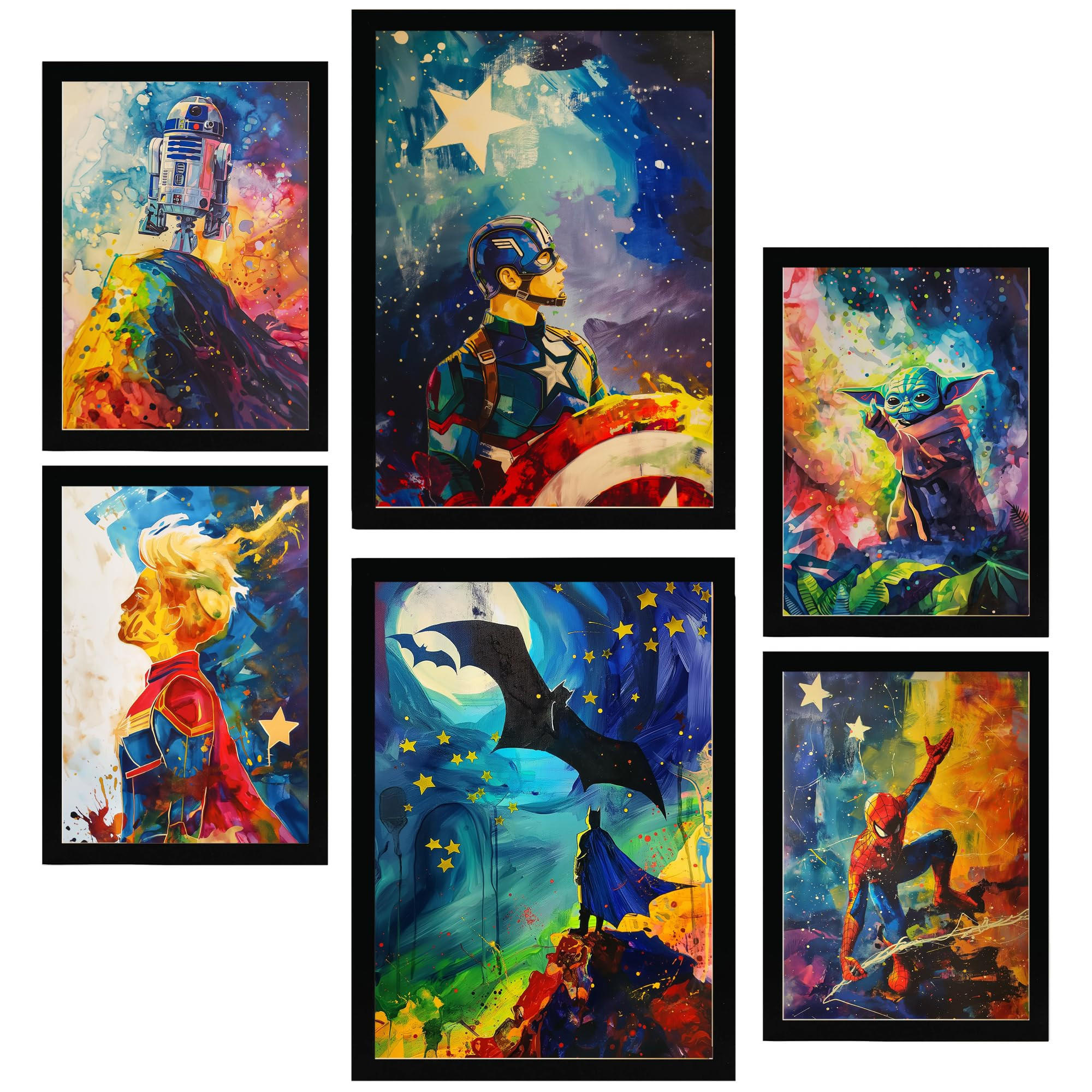 POSTER Set Mit 6 Superhelden A3 & A4 Schwarzer Rahmen - Schwarz, Papier (29/3cm) - Nacnic