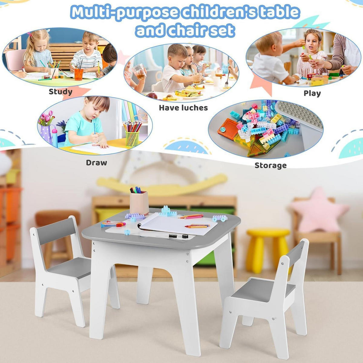 KINDERTISCH mit 2 Stühlen 4-in-1 Set Grau - Weiß, Holzwerkstoff (50/49/54cm)