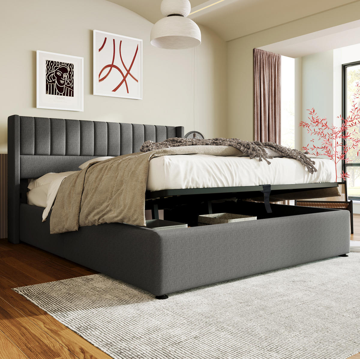 BETT mit Bettkasten 160x200 cm Leinen Grau - Grau, Metall (160/200cm) - Meubliv