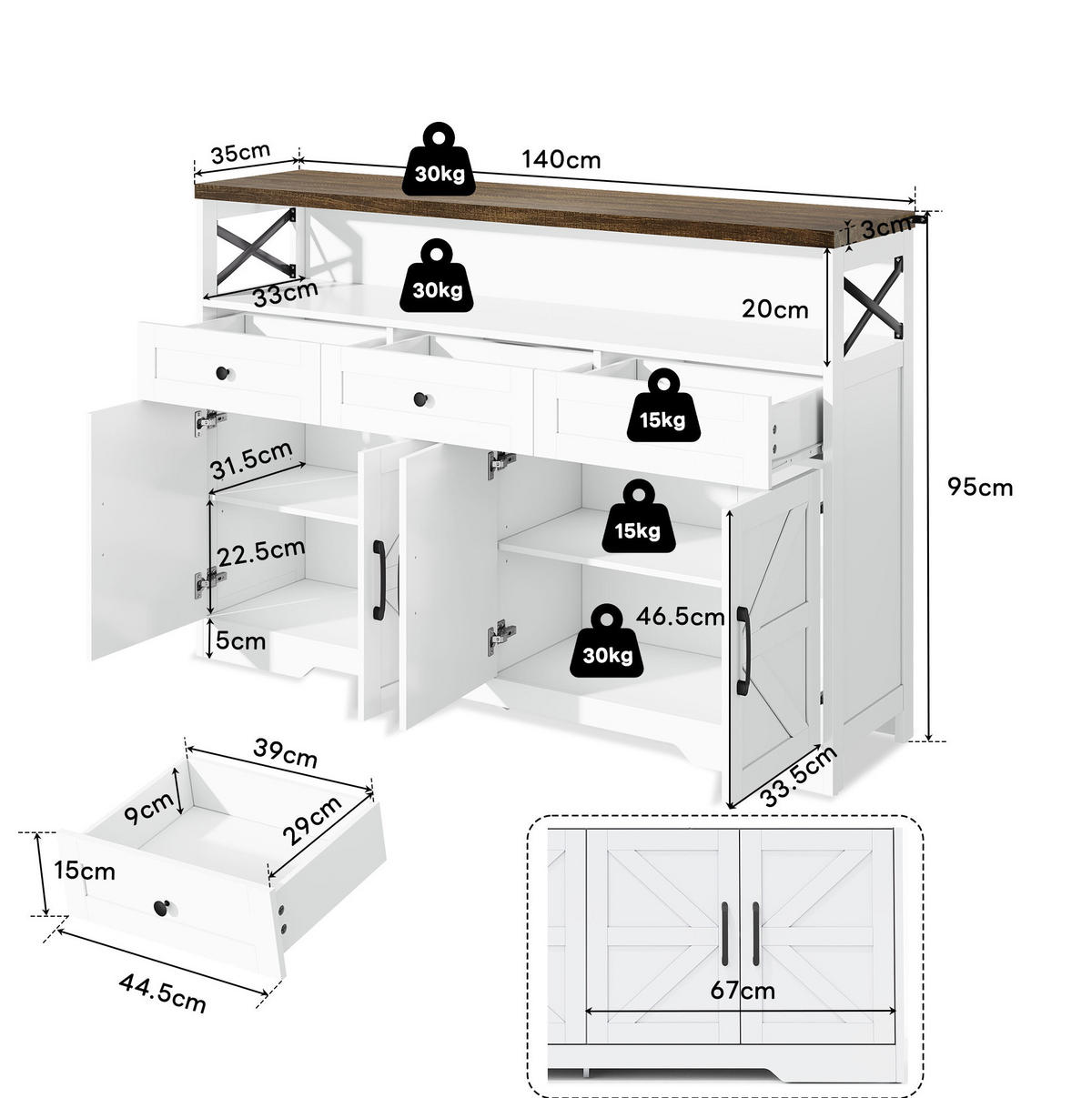 SIDEBOARD 140/35/95 cm Braun/Weiß aus MDF mit 3 Schubladen - Braun, Holzwerkstoff (35/95/140cm) - OKMYHOME