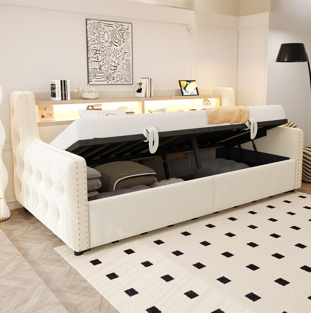 SCHLAFSOFA 90/200 cm Beige aus Samt mit Stauraum und LED - Beige, Textil (90/200cm) - OKWISH