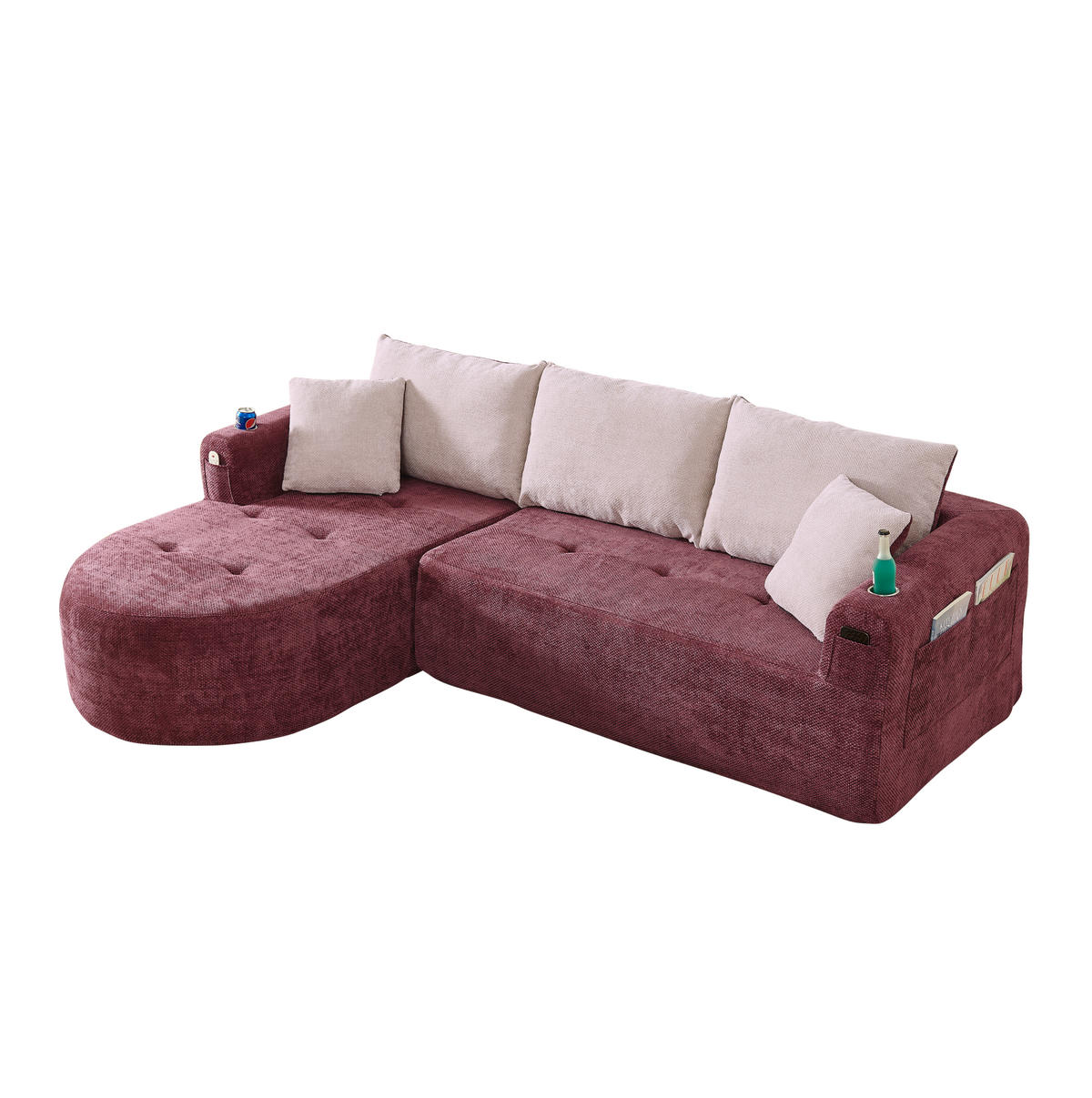 ECKSOFA in L-Form mit Edelstahl-Becherhalter, Seitentaschen und montagefreiem Design, Bordeauxrot - Bordeaux, Textil (255/170cm) - Redom