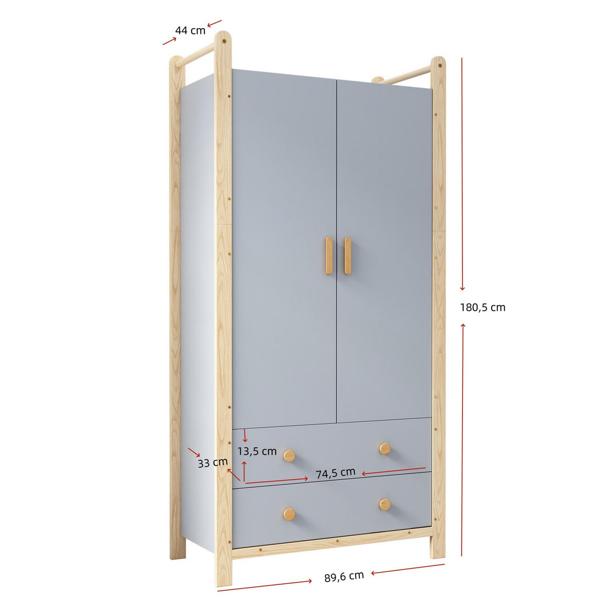 KLEIDERSCHRANK aus Kiefernholz und Spanplatte 89,6x44x180,5 cm Blau/Natur mit Kleiderstange, 2 Schubladen und platzsparendem Design - Blau, Holzwerkstoff (90/180/45cm) - Modfu