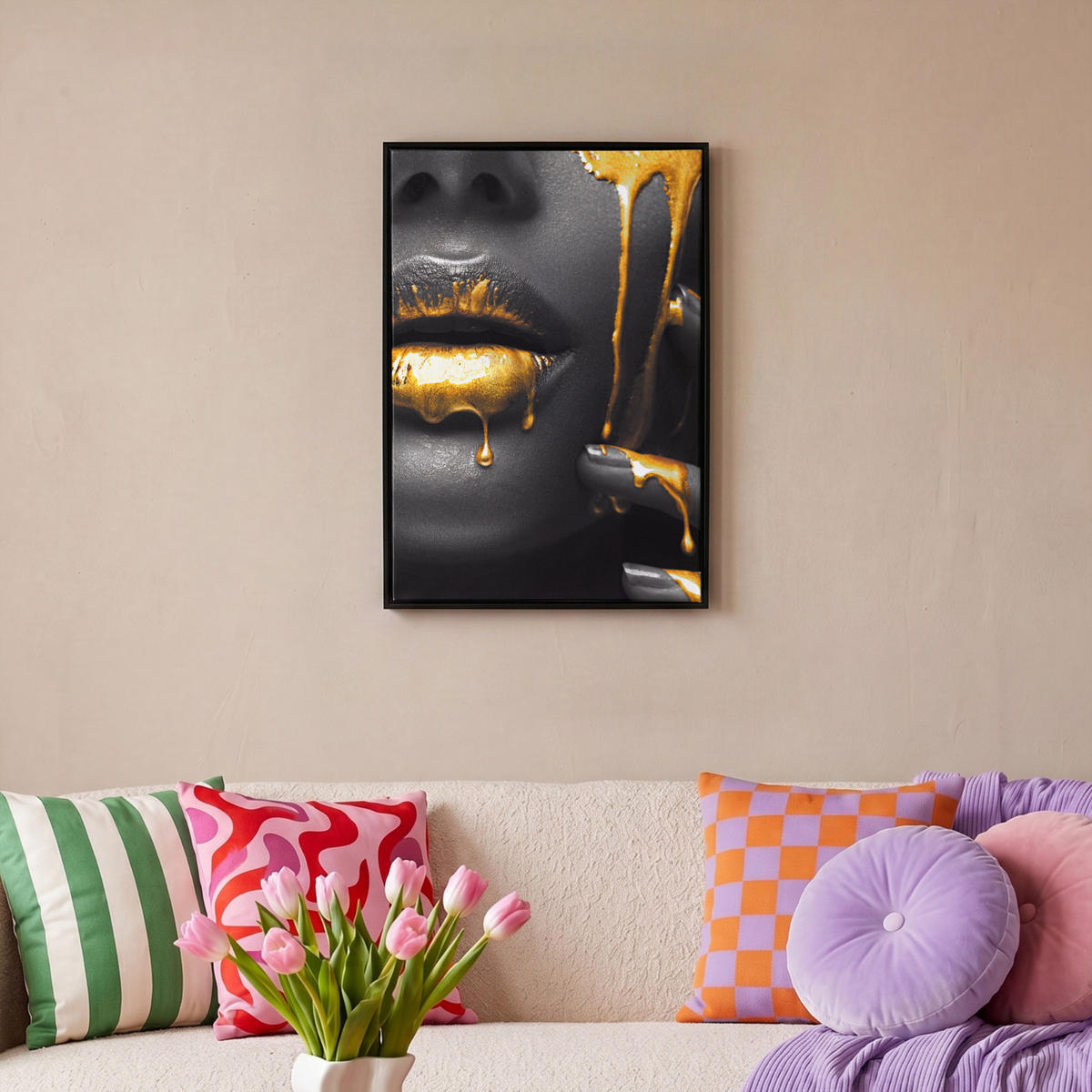 LEINWAND Bilder mit Rahmen - Frau - Schwarz - Gold - Gesicht - Lippen - 40x60 - Goldfarben, Textil (40/60cm) - MuchoWow