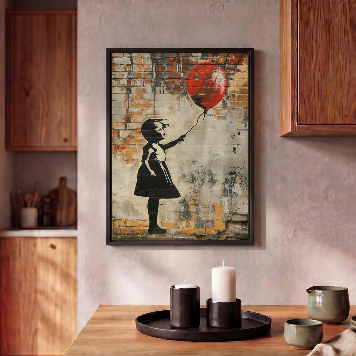 LEINWAND Bilder mit Rahmen - Graffiti - Banksy - Mädchen - Straßenkunst - 30x40 - Sandfarben, Textil (30/40cm) - MuchoWow
