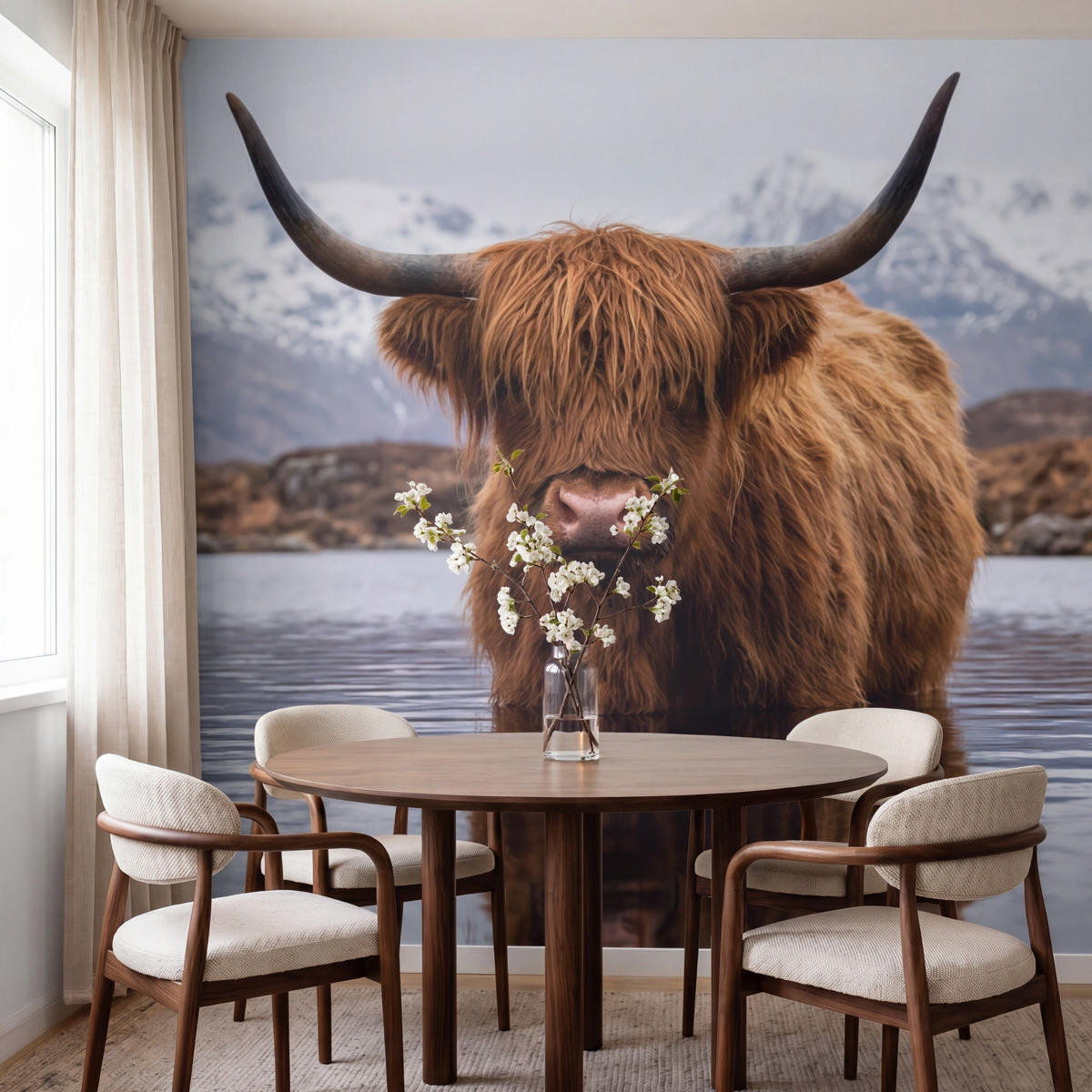 TAPETE - Schottischer Hochländer - Braun - Wasser - 200x200 cm - Braun, Papier (200/200cm) - OnlyWow
