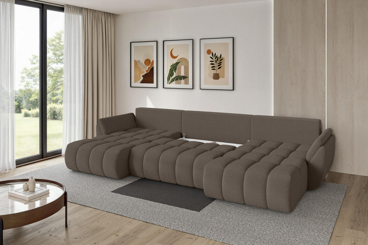 SEDACÍ SOUPRAVA DO U s funkcí spaní a úložným prostorem TOKO-U-v1 378x194x86 hnědá bouclé - černá/hnědá, kompozitní dřevo/textil (378/86/194cm) - ALTDECOR