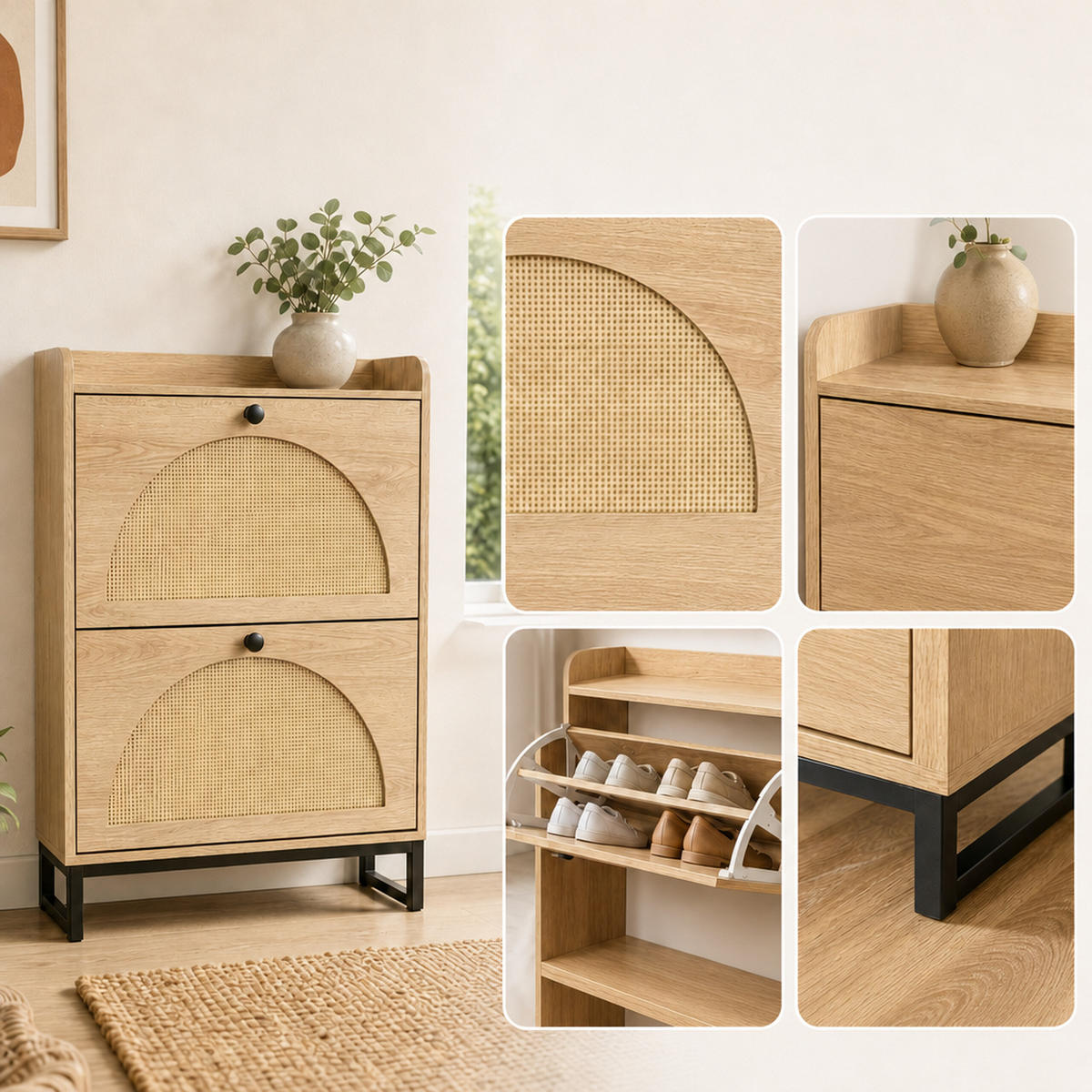 SCHUHSCHRANK Natur Rattanoptik 2 Klappen Metallbeine 90 cm - Hellbraun, Holzwerkstoff/Metall (60/90/24cm) - Relaxdays