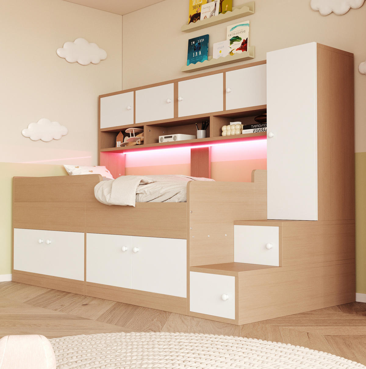 DĚTSKÁ postel 90/200 cm v barvě dřeva z MDF s úložným prostorem a LED osvětlením - barva dubu, kompozitní dřevo (90/200cm) - OKWISH