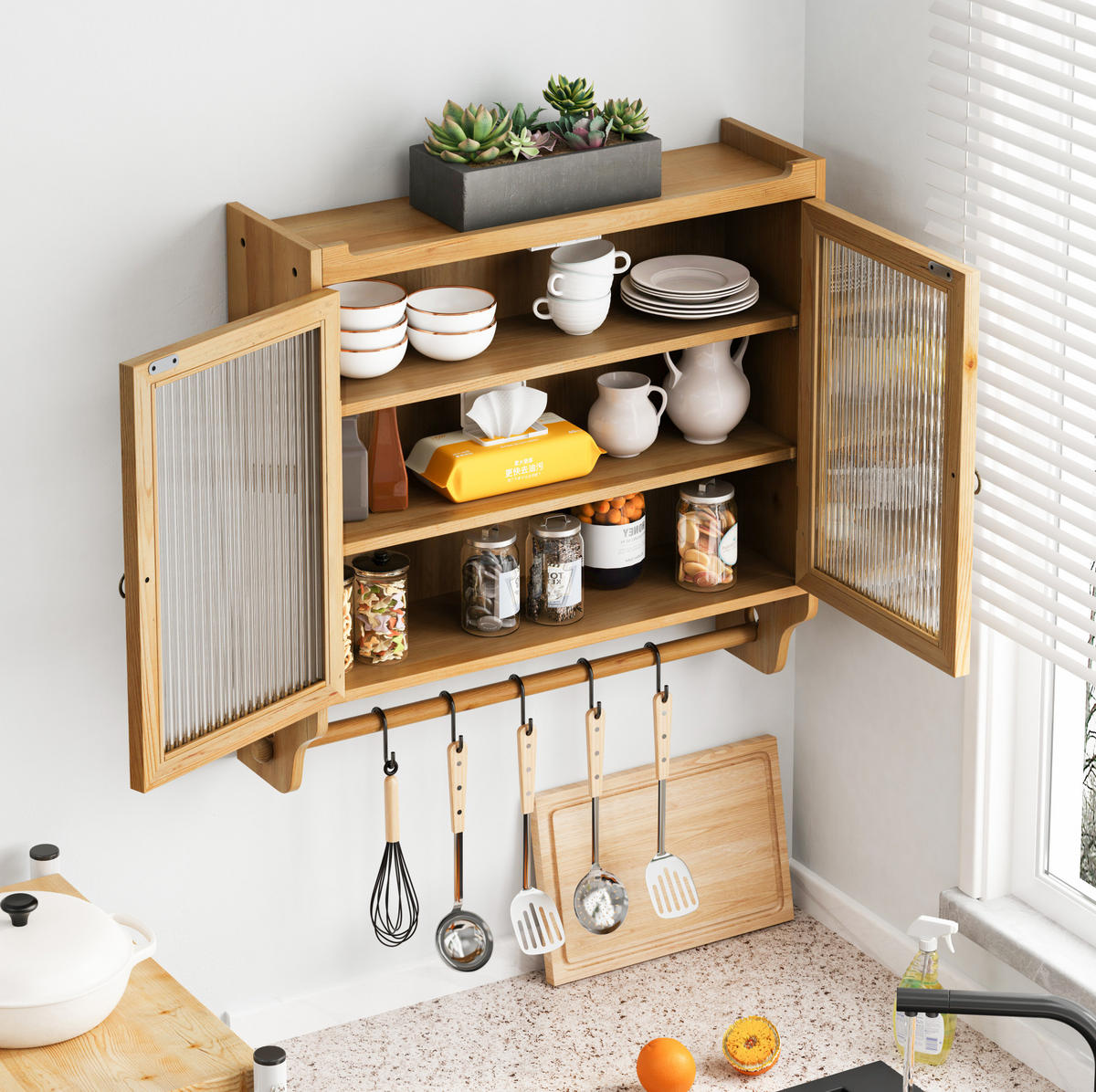 KÜCHENOBERSCHRANK 63/18/60 cm mit Glasfront und 2 Türen in Natur - Naturfarben, Holzwerkstoff (63/60/18cm) - BEAOK