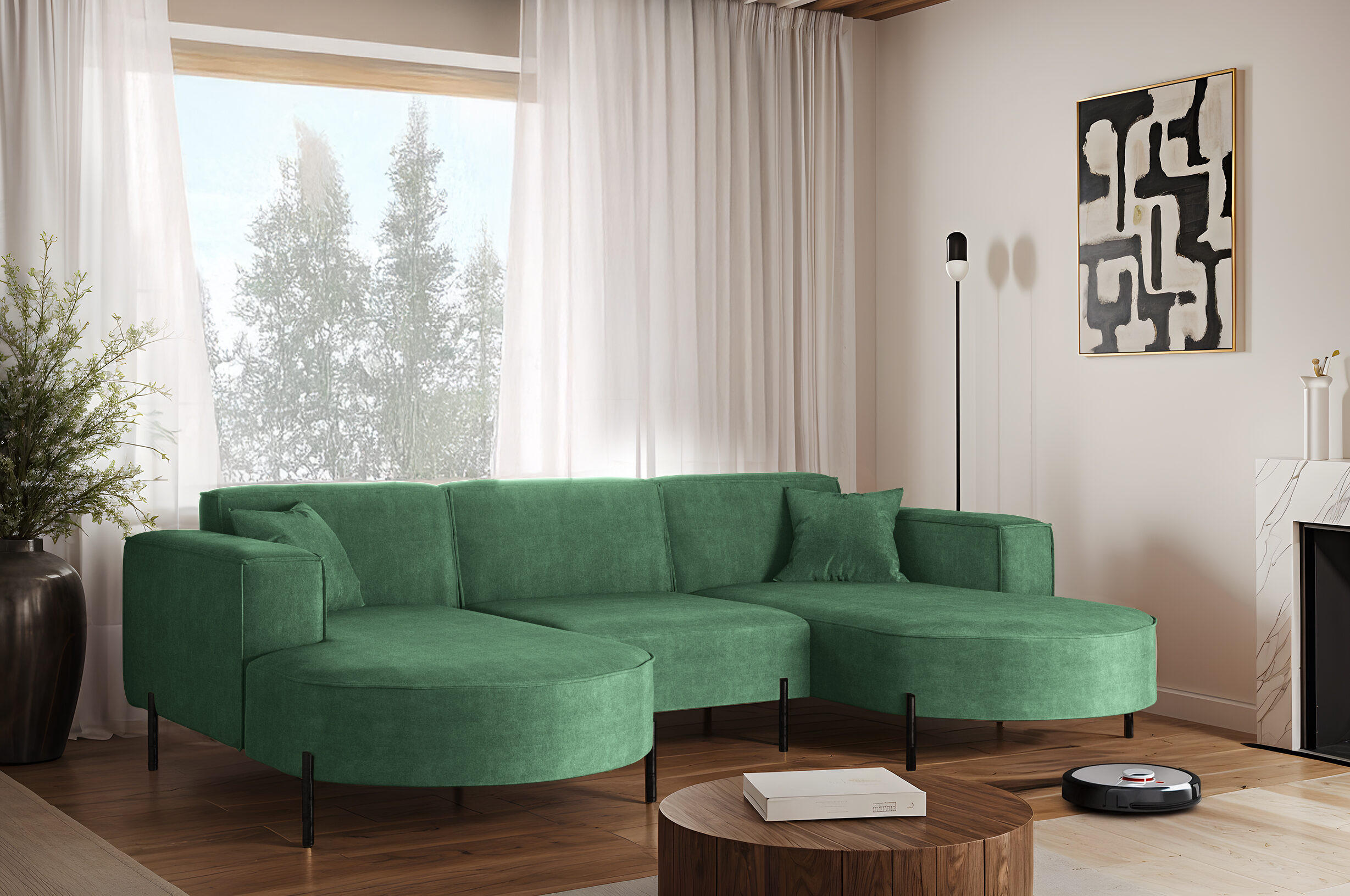 ECKSOFA U-Form Designer Modena Rein Stoff Noel Pistazien - Grün, Holz (165/299cm) - Kaiser Möbel