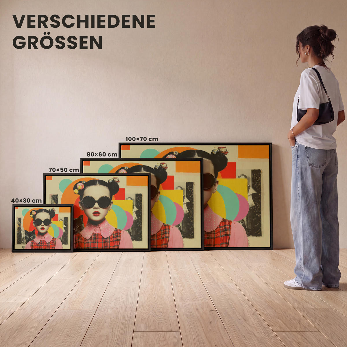 LEINWAND Bilder mit Rahmen - Mädchen - Sonnenbrille - Katze - Retro - 100x70 - Beige, Textil (100/70cm) - MuchoWow