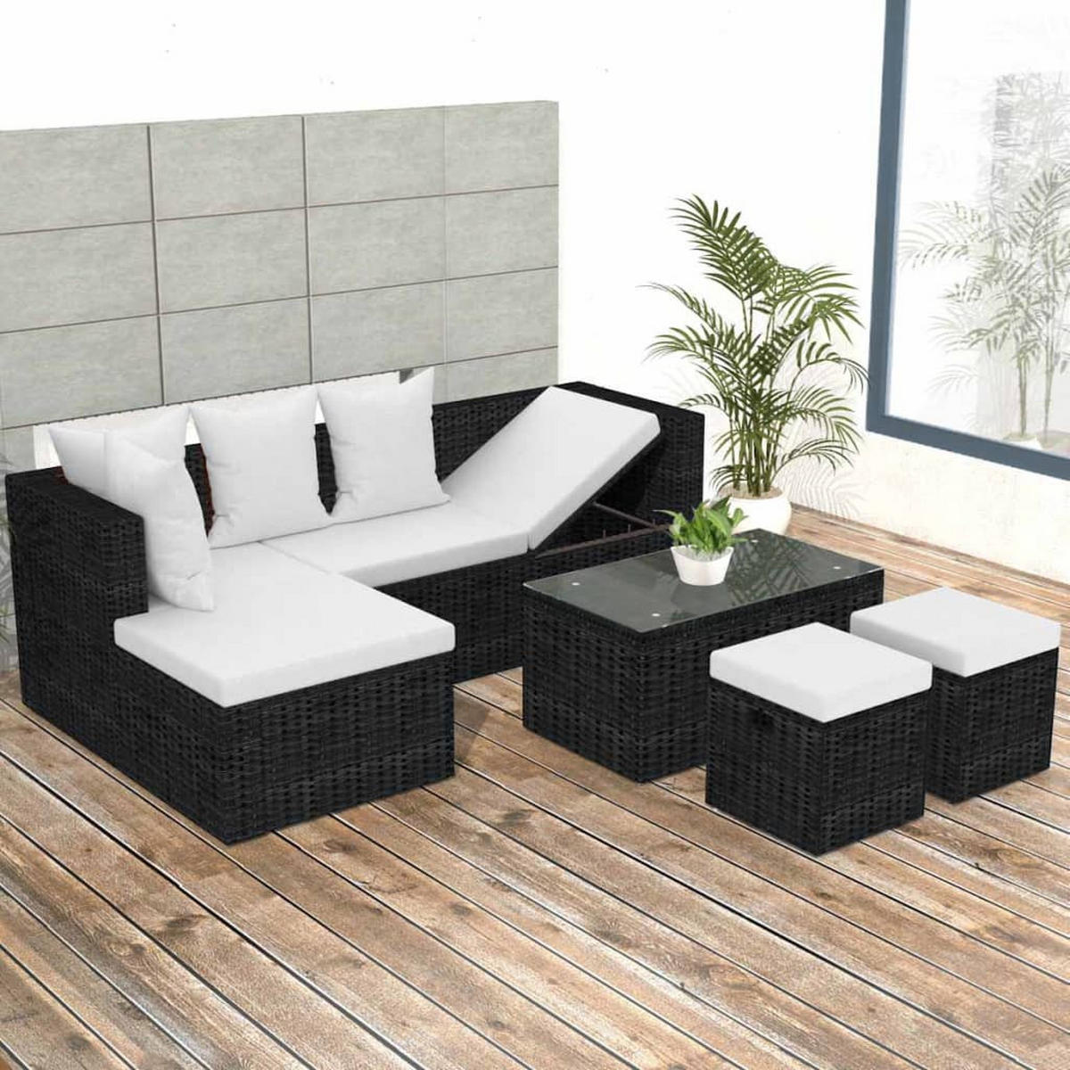 LOUNGEGARNITUR mit Auflagen und Couchtisch, aus Poly Rattan, Schwarz, 4-teiliges Set - Creme/Schwarz, Kunststoff/Textil - vidaXL