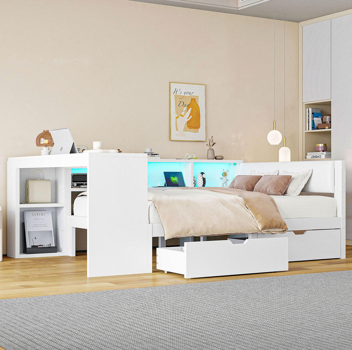 PLATTFORMBETT 140x200 cm in Weiß mit Schubladen, Ladestation und LED-Beleuchtung - Weiß, Holzwerkstoff (140/200cm) - IVMEU