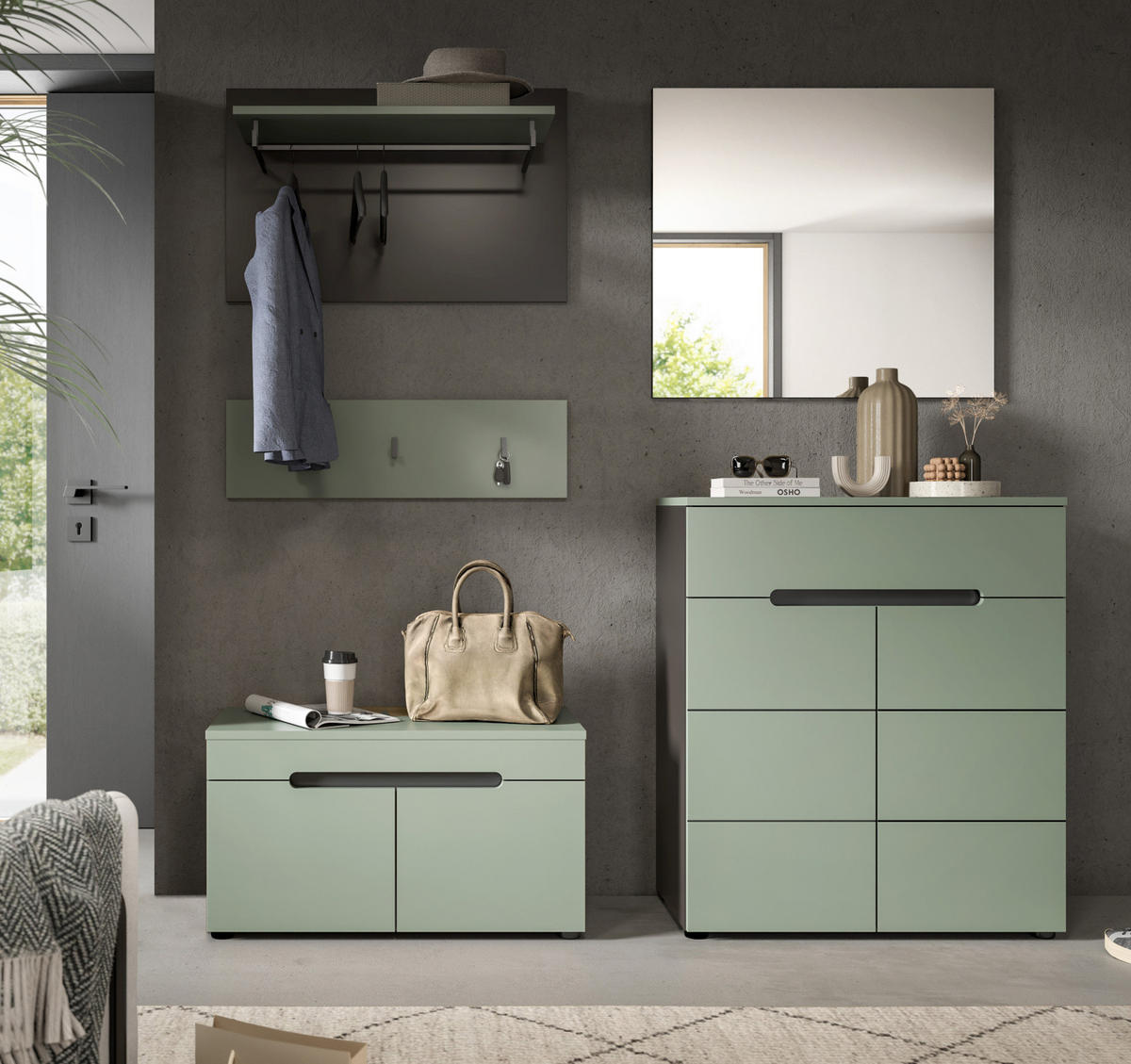 GARDEROBE SET 5-teilig in Salbei Grün und Basalt Grau 175 cm, Soft-Close Cooper - Salbeigrün/Schwarz, Glas/Holzwerkstoff (175/190/37cm) - Inn.Furn