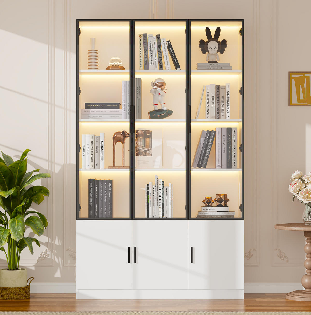 HOCHSCHRANK aus MDF 120x32x200cm in Weiß mit LED & Glastüren - Weiß, Holzwerkstoff (120/200/32cm) - Modfu