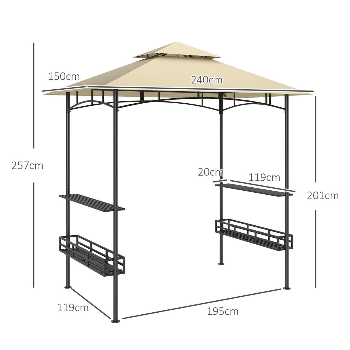 GRILOVACÍ altán 240/150/257 cm béžový ze oceli s dvojitou střechou a bočními policemi - béžová, kov (240/257/150cm) - OKWISH