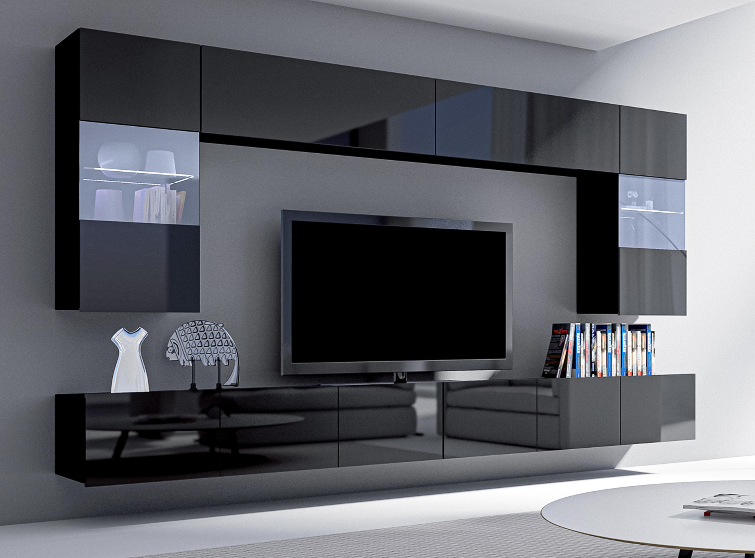 WOHNWAND Kossana 1 Modern Schwarz 300/154/43 cm Stilvoll - Schwarz, Holzwerkstoff/Kunststoff (300/154/43cm) - AX Living