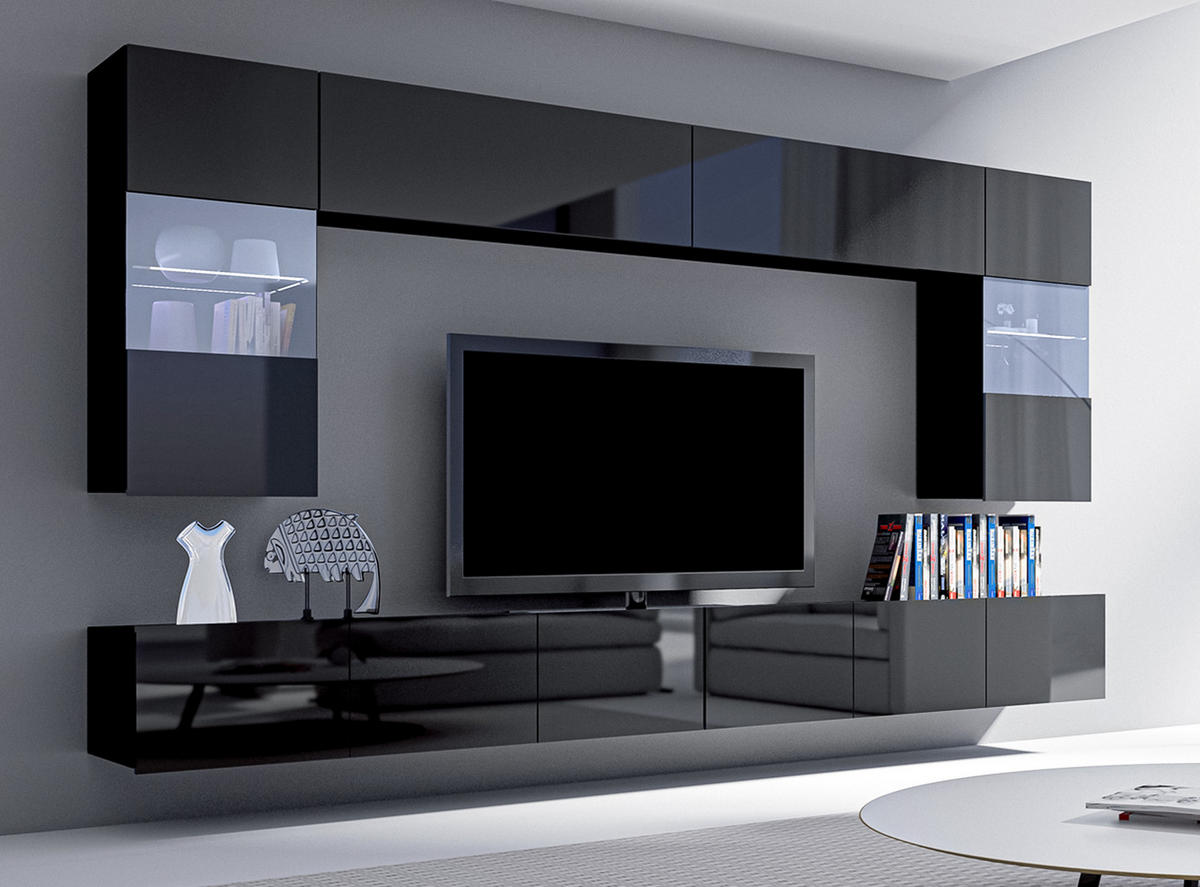 WOHNWAND Kossana 1 Modern Schwarz 300/154/43 cm Stilvoll - Schwarz, Holzwerkstoff/Kunststoff (300/154/43cm) - AX Living