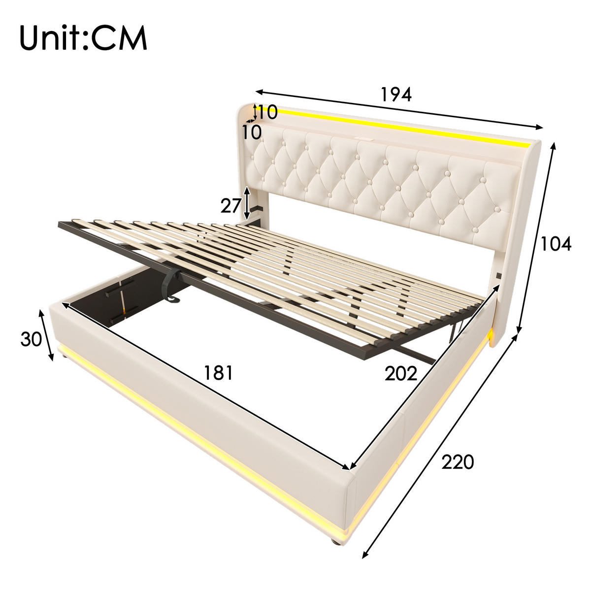 POLSTERBETT mit LED-Beleuchtung 180/200 cm mit Bettkasten & USB-C, Weiß - Weiß, Kunststoff (180/200cm) - BEAOK