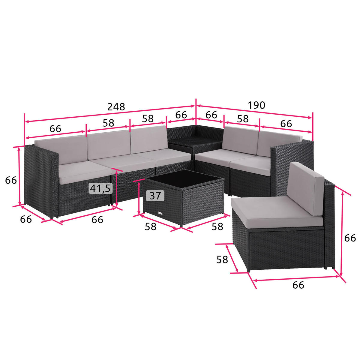 RATTANLOUNGE Verona,mit Sicherheitsglasplatte,schwarz - Schwarz, Kunststoff - tectake
